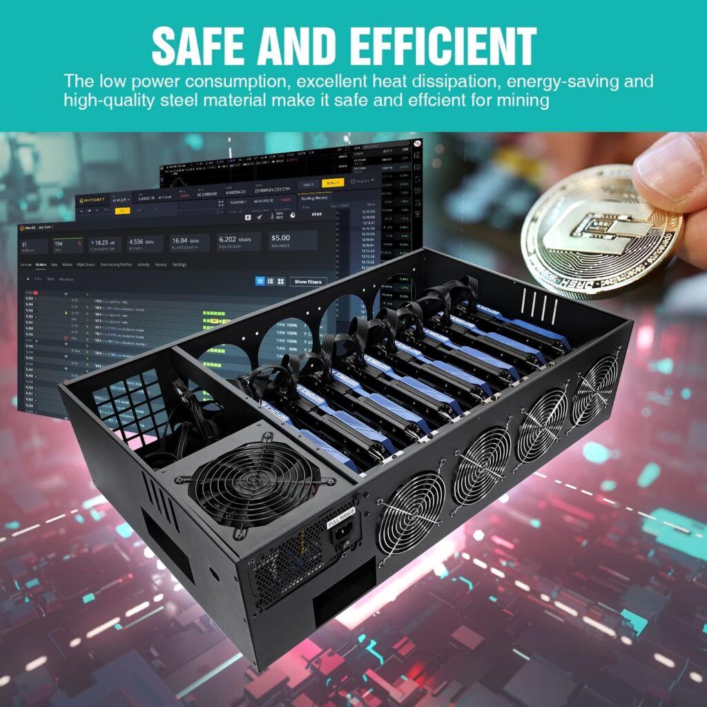 GPNE Mining Rig Frame Case with Motherboard, CPU, 4G RAM, 4X 120mm Fans, Support 8pcs Adjustable Speed Fans  GPU Crypto Miner Machine System for Currency ETH/ETC/ZEC (PSU  GPU is not Included)