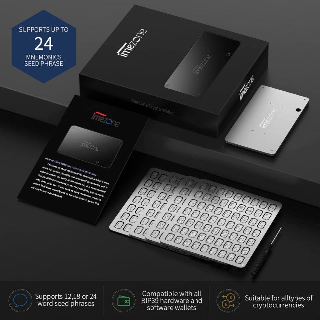 iMeZone Pro - Indestructible Steel Crypto Cold Storage Seed Backup, Compatible with All BIP39 Hardware  Software Wallets,Ledger, Trezor, KeepKey, and Coldcard, Supporting up to 24 Words.